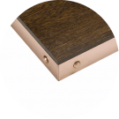 Corner of wooden table top with metal trim