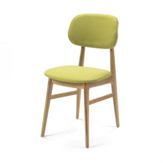 Wooden dining chair with green upholstery